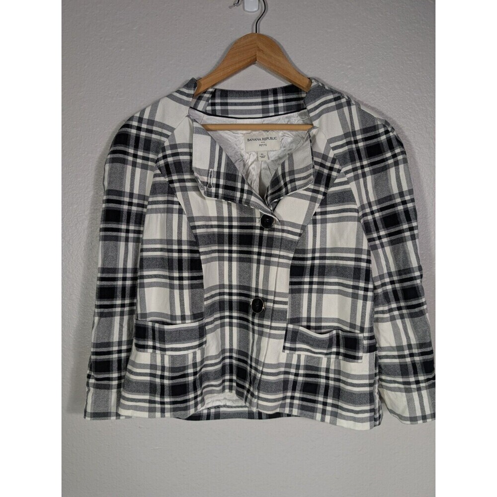 Banana Republic White Plaid Double Breasted Jacket Large Petite